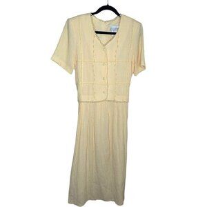 Vintage 90s Miss Dorby Butter Yellow Midi Dress Size 14 Rose Buttons Tie Back
